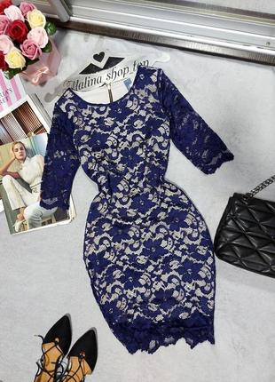 Синее кружевное платье по фигуре миди красивое платье 46 распродажа