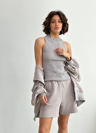 Костюм тройка топ рубчик шорты и zip худи петля 100% хлопок