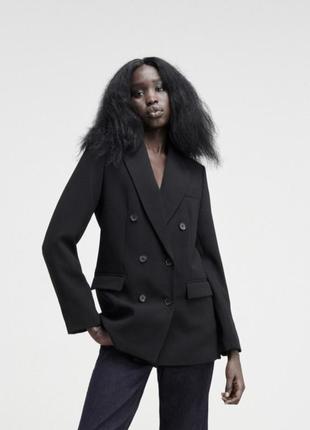 Чёрный стильный двубортный жакет пиджак l