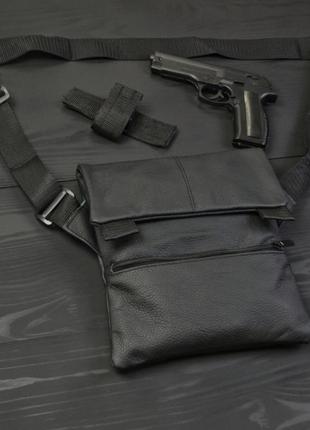 Тактична шкіряна сумка з кобурою, чоловічий месенджер, барсетка - чорний слінг, чоловіча сумка через плече3 фото