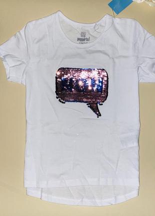 Котонова футболка&nbsp; для девочки белого цвета с пайетками-перевертышами.100% хлопок// размер:134/1402 фото