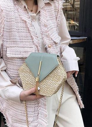 Жіноча міні сумочка клатч плетена солом'яна маленька сумка шестигранна м'ятний
