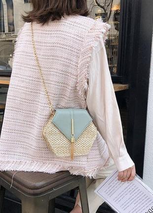 Жіноча міні сумочка клатч плетена соломяна маленька сумка шестигранна мятний6 фото