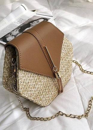 Жіноча міні сумочка клатч плетені солом'яні маленька сумка шестигранна коричневий2 фото