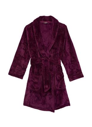 Комплект женский халат victoria's secret плюшевый (xs-s) и меховые тапочки (37-38) цвет бордовый4 фото