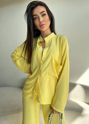 Костюм женский двойка желтый брюки и рубашка 42-52 размеры7 фото