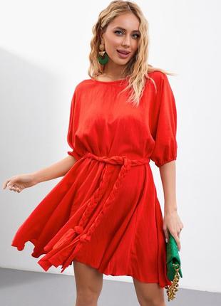 Разные цвета! легкое короткое расклешенное платье с поясом трапеция красная до колен с коротким рукавом1 фото