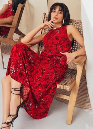 Ідеальна яскрава літня сукня літній сарафан з відкритими плесами без рукава максі з карманами червона з кишенями