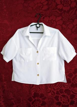 Лён+хлопок белая свободная рубашка с короткими рукавами укороченная рубашка оверсайз2 фото