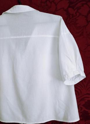 Лён+хлопок белая свободная рубашка с короткими рукавами укороченная рубашка оверсайз7 фото