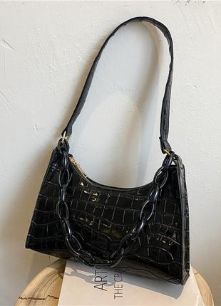 Женская маленькая сумка через плечо багет рептилия крокодиловая кожа черная2 фото