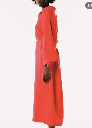 Сукня міді максі сорочка червона з поясом лляна zara оригінал2 фото