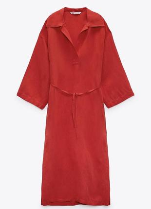 Сукня міді максі сорочка червона з поясом лляна zara оригінал5 фото