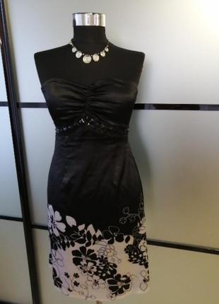 Чорний якісний атласний сарафан-бюстье/сукня/плаття в квітковий принт1 фото