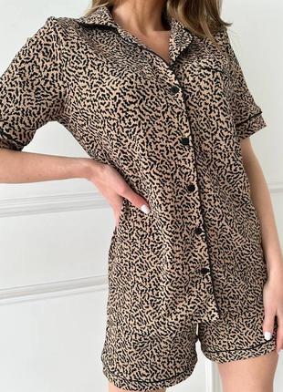 Пижама женская летняя легкая с шортами черная коричневая люна лето леопардовая шорты рубашка с коротким рукавом10 фото