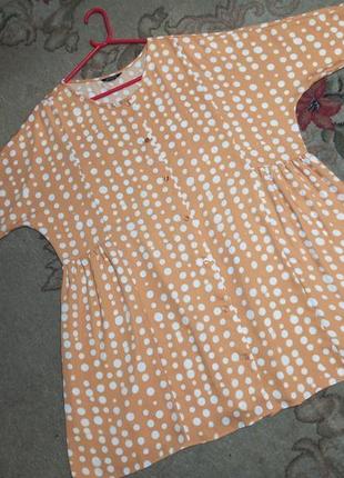 Женственная,горчичная блузка-туника на пуговицах,в горошек,большого размера-оверсайз,monki6 фото