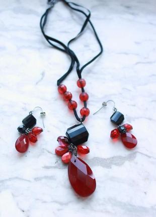 Набор подвеска + серьги красные с черным