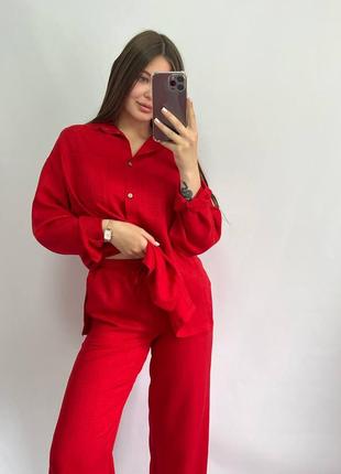 Красный льняной костюм рубашка и штаны