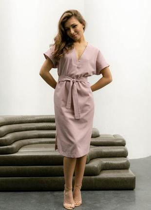 Женское летнее деловое льняное розовое платье3 фото