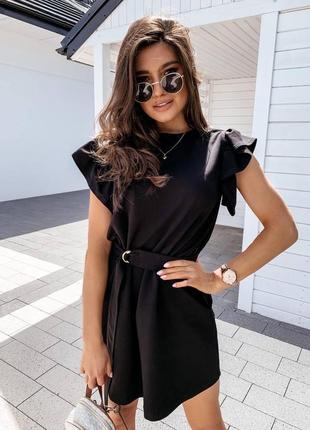 Платье женское короткое черное белое базовое летнее легкое на лето нарядное повседневное с поясом