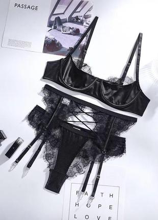 Атласний комплект жіночої білизни з поясом m чорний (0005/2)8 фото