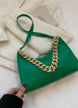 Женская маленькая сумка багет рептилия крокодиловая кожа зеленая1 фото