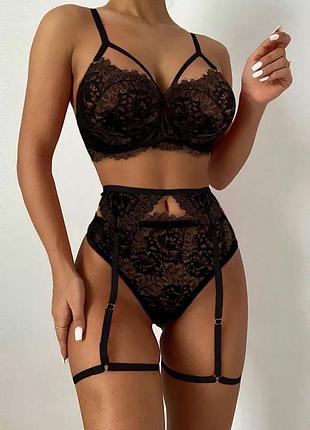 Кружевний ажурний комплект жіночої білизни з поясом та підв'язками m чорний (0012/5)