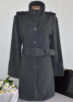 Брендовое серое шерстяное демисезонное пальто с поясом и карманами scarlet2 фото