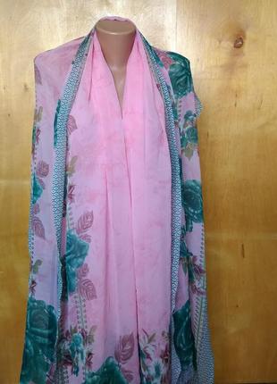 228х116 см легкий повітряний ніжний рожевий палантин-накидка шаль шарф-хуро в трояндах3 фото