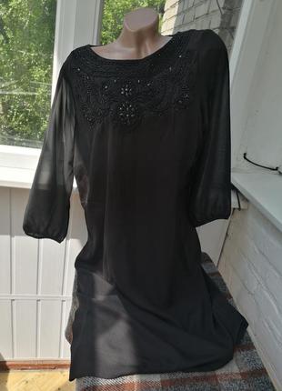 Шикарное чёрное платье туника  с вышивкой бисером6 фото