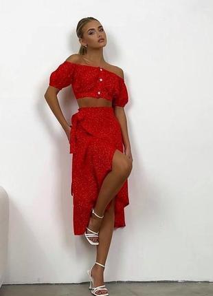 Трендовый костюм юбка +топ красный
