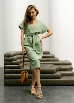 Платье женское летнее деловое льняное оливковое2 фото