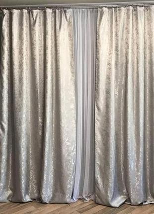 Комплект однотонний жакардових штор на тасьмі 150х270 см колір сірий2 фото