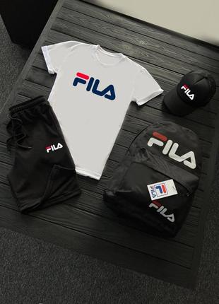 Летний спортивный костюм комплект fila белая футболка чёрные шорты літній чоловічий спортивний костюм філа fila1 фото