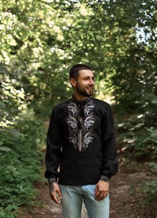 Черная мужская рубашка с вышивкой вышиванка мужская льняная рубашка черная мужская...