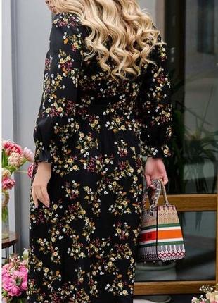Платье женское миди штапельное коттоновое с поясом батал батальное большие размеры цветочное черное5 фото