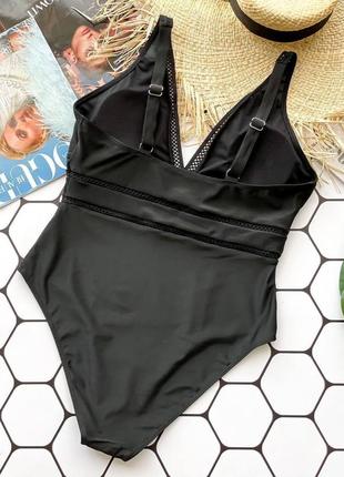Шикарний чорний цільний купальник, суцільний купальник з вставкою сіточки, чорний купальник-боді5 фото