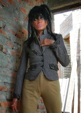 Вовняний піджак шерсть vila з мереживом паєтками у ялинку жакет блейзер
