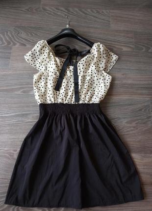 Платье имитация двойки: блузка в горошек и черная юбочка6 фото