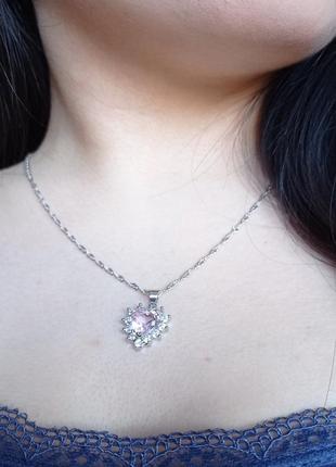 Оригинальный подарок девушке набор "сердечки розовый кварц в серебре" колье и серьги ювелирный сплав и цирконы