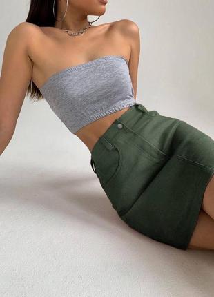 Джинсовая юбка мини качественная трендовая базовая белая хаки зеленая стильная юбка короткая с карманами легкая2 фото