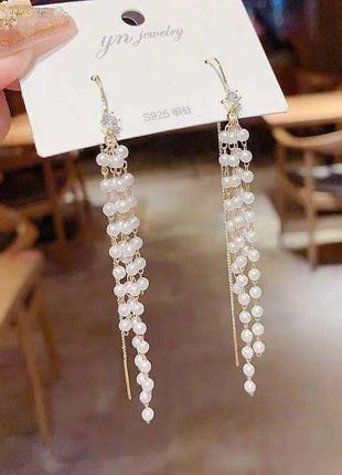 Білі довгі перлинні сережки з перлами протяжки, 46002 фото