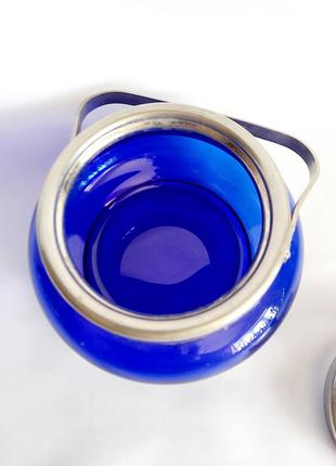 Сахарница кобальт синее стекло винтажная мельхиор4 фото