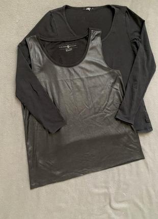 Черная блуза tom tailor без рукава, оригинальное сочетание трикотажа с облегченной искусственной кожей