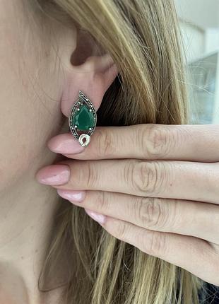 Срібні сережки зі смарагдом 925 проба (серебро, срібло, серьги)