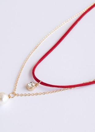 Красный чокер с хрусталиком и подвеской в виде жемчужины на цепочке, бархотка на шею