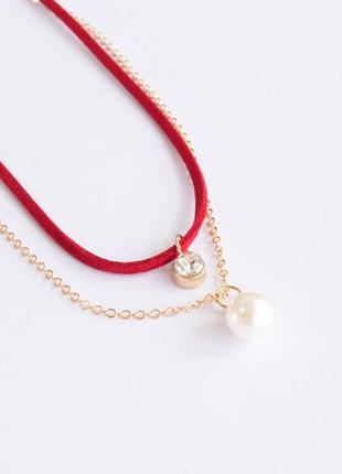 Красный чокер с хрусталиком и подвеской в виде жемчужины на цепочке, бархотка на шею