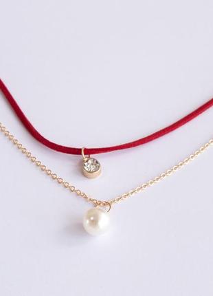 Красный чокер с хрусталиком и подвеской в виде жемчужины на цепочке, бархотка на шею