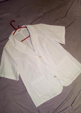 Белый жакет-блузон с карманами и коротким рукавом,жатка,большого размера7 фото