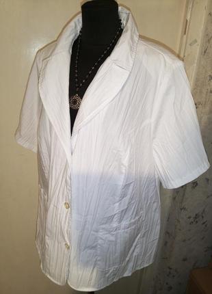 Белый жакет-блузон с карманами и коротким рукавом,жатка,большого размера6 фото